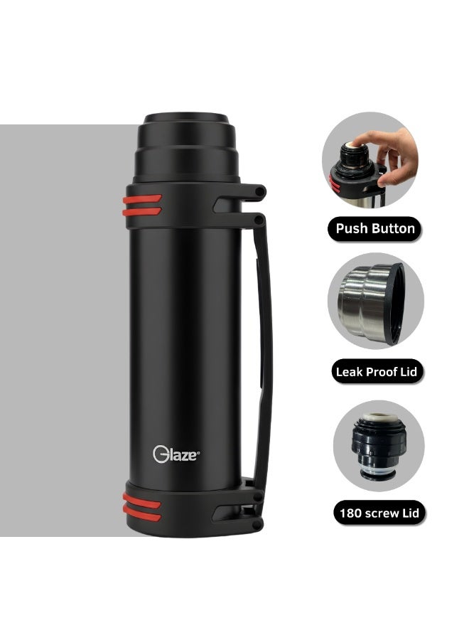 جليز قارورة ماء من الستانلس ستيل بسعة 1.2 لتر، ترمس حراري بعزل فراغي مع مقبض، مانع للتسرب، يحافظ على المشروبات ساخنة وباردة حتى 24 ساعة، خالية من مادة BPA، مناسبة للسفر والرياضة والنشاطات الخارجية – أسود - Image 5